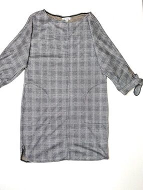 Max Studio Plaid Black & White Herringbone 3/4 Sleeve Shift Dress Size Medium
